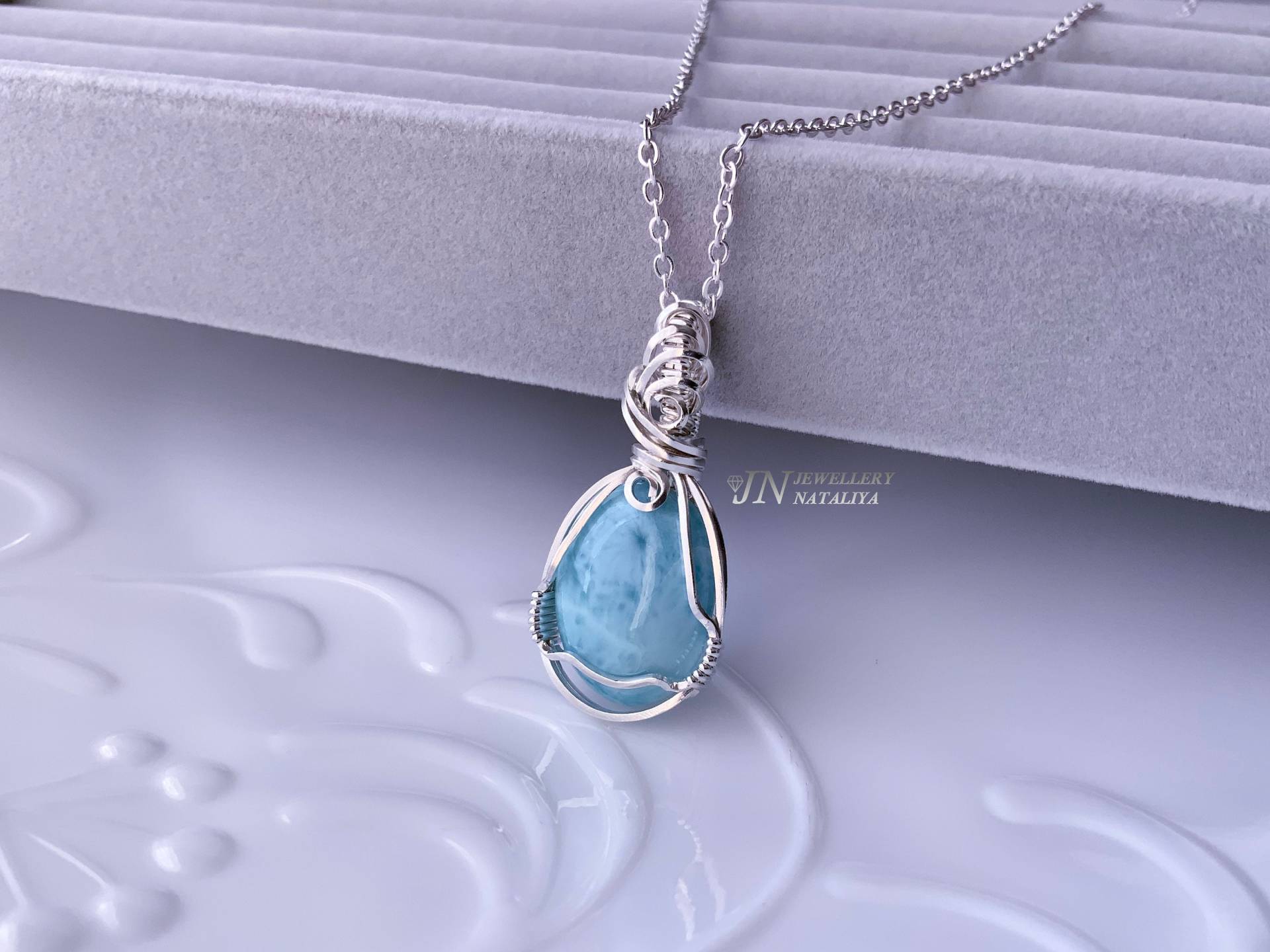 Larimar Natürliche Edelstein Anhänger Halskette Wire Wrapped Handgemachte Sterling Silber Wirewrapp Drahtgewebe Wirewrapped Geschenk Für Sie von JewelleryNataliya