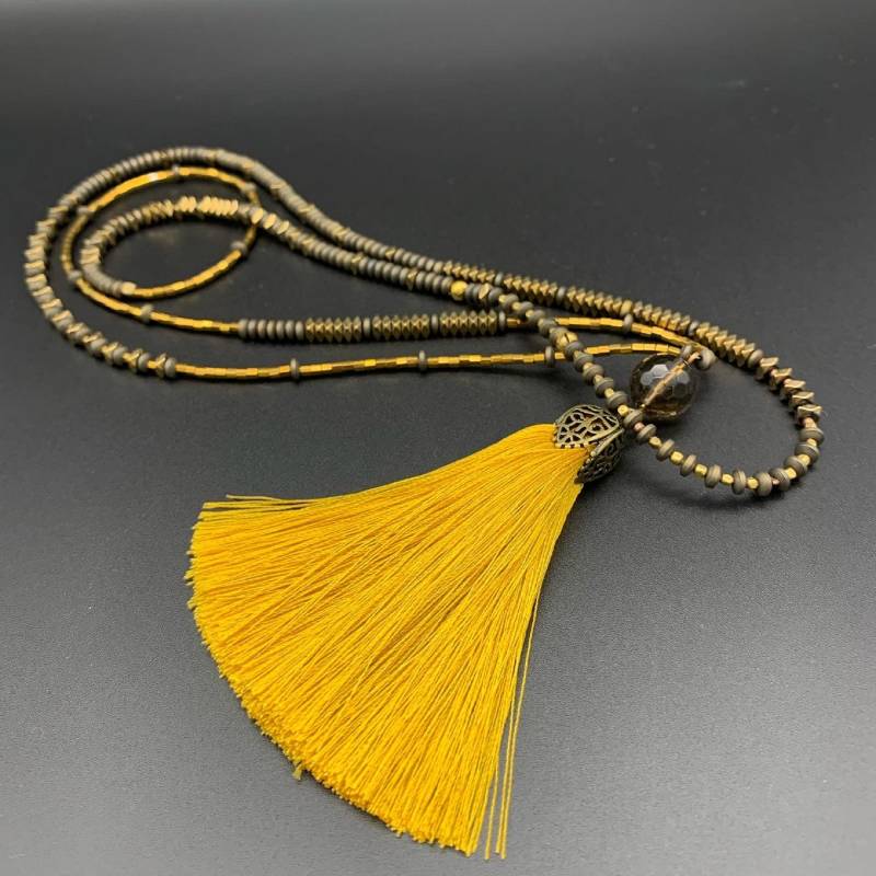 Kette Mit Senf Quaste, Lange Hämatit Bronze Kette, Statement Goldbronze Quastenkette, Edelsteinkette Rauch Topas von JewelleryStones