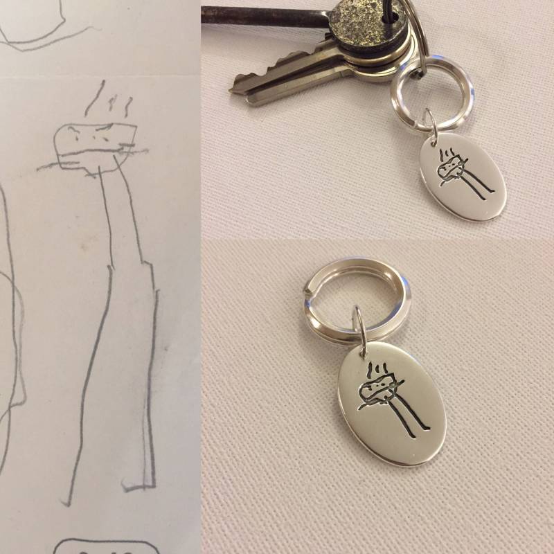 Personalisierter Schlüsselanhänger, Die Zeichnung Ihres Kindes Auf Sterlingsilber-Schlüsselanhänger, Silberner Personalisierter Schlüsselanhänger von JewellerybyNicl