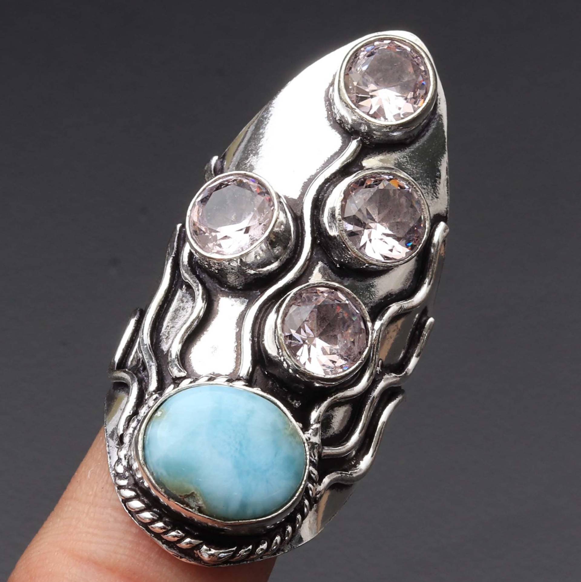 Natürlicher Larimar Rosenquarz Edelstein Ring Schmuck Frau Geschenk Für Sie Einzigartiger Stil Versilbert von JewelleryexportGifts