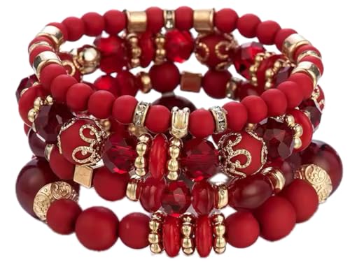 Jewellify Damen-Perlen-Armband-Set, buntes Boho-Design, stapelbar, trendiges Design mit Kristall-Akzenten, mehrlagiger Armreif, modischer Stretch-Armreif, Schmuck für Frauen, 6 cm, Stein, Naturstein von Jewellify