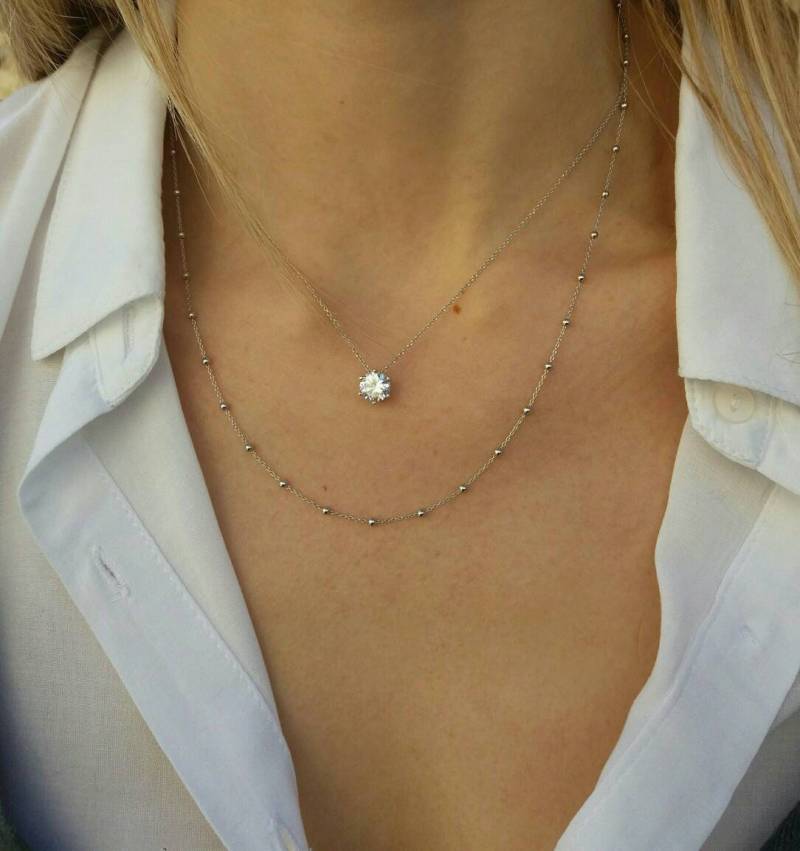 Layered Sterling Silber Halskette Set Cubic Zirconia Solitaire, Brautschmuck von Jewellusion