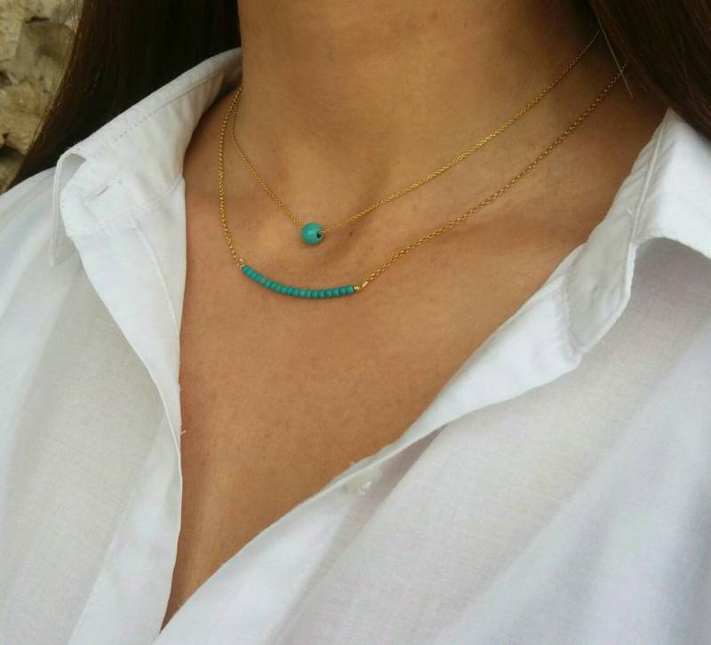 Türkis Layered Halsketten Set 14K Vergoldete Edelstein Barren von Jewellusion