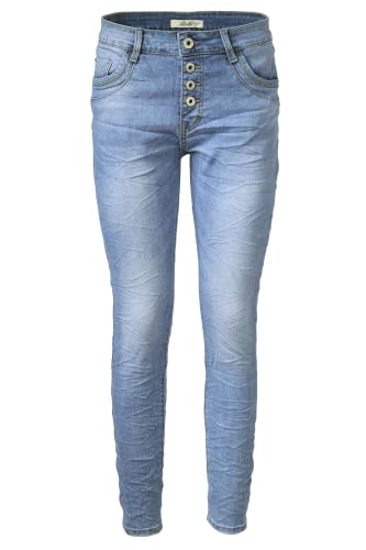 Jewelly by Lexxury Damen Stretch Jeans Five-Pocket im Crash-Look | Boyfriend Hose mit sichtbarer Knopfleiste| (XS/34, Bleached-Blau), 2647 von Jewelly by Lexxury