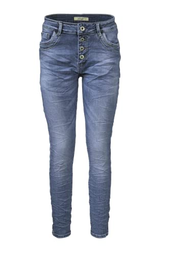 Jewelly by Lexxury Damen Stretch Jeans Five-Pocket im Crash-Look | Boyfriend Hose mit sichtbarer Knopfleiste| (XS/34, Denim-Blau), 2647 von Jewelly by Lexxury