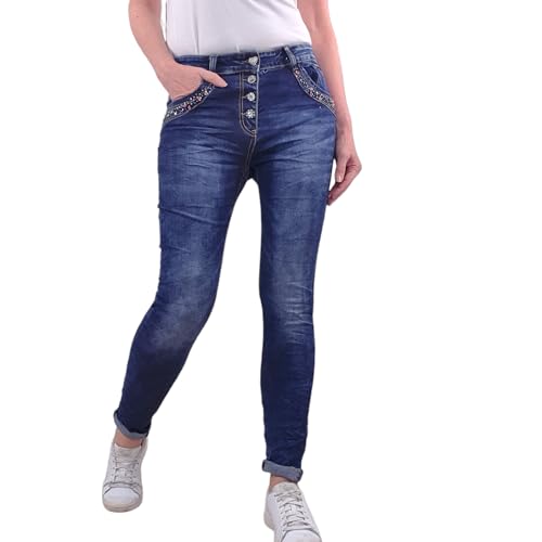 Jewelly Blue Denim Damen Stretch Jeans| Boyfriend Hose mit dekorativen Schmuckknöpfen| Strass Denim Hose (DE/NL/SE/PL, Alphanumerisch, M, Regular, Regular) von Jewelly