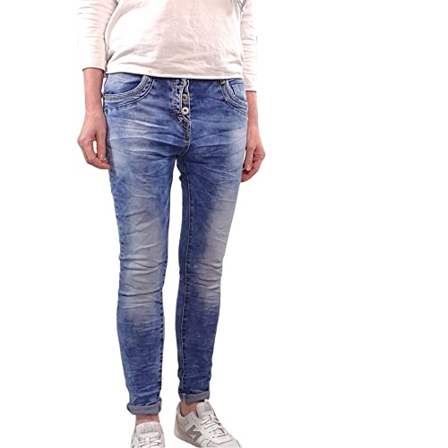 Jewelly Damen Boyfriend Stretch Jeans| Denim Hose für Frauen | 5 Pocket Medium Rise Cloudy Denim L von Jewelly