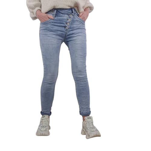 Jewelly Damen Boyfriend Stretch Jeans| Denim Hose für Frauen | Mid Waist 5 Pocket Double Button M von Jewelly