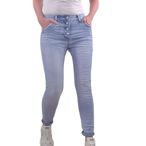 Jewelly Damen Boyfriend Stretch Jeans| Denim Hose für Frauen| dekorative Knopfleiste (DE/NL/SE/PL, Alphanumerisch, L, Regular, Regular, Summer Denim) von Jewelly