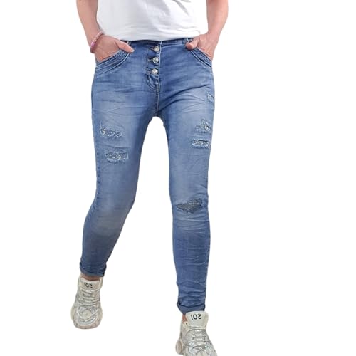 Jewelly Damen Boyfriend Stretch Jeans|Destroyed Denim Hose mit Strass | 5 Pocket Medium Rise (DE/NL/SE/PL, Alphanumerisch, S, Regular, Regular, Destroyed Strass) von Jewelly