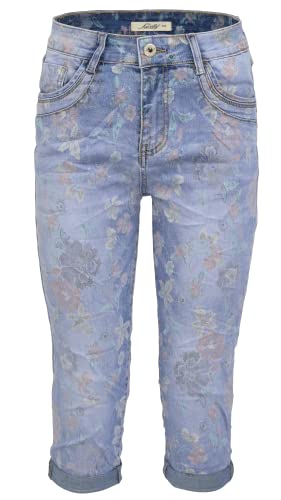 Jewelly Damen Capri Jeans im Crash-Look | Boyfriend Hose mit Blumenprint (XS/34) von Jewelly