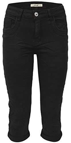 Jewelly Damen Capri Jeans im Crash-Look | Boyfriend Hose mit Reißverschluss und mit Schmuckknöpfen (as3, Numeric, Numeric_34, Regular, Regular, Schwarz, Regulär) von Jewelly