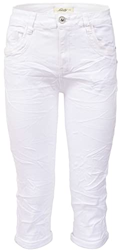 Jewelly Damen Capri Jeans im Crash-Look | Boyfriend Hose mit Reißverschluss und mit Schmuckknöpfen (as3, Numeric, Numeric_34, Regular, Regular, Weiß, Regulär) von Jewelly