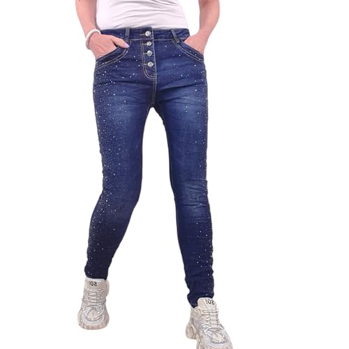 Jewelly Damen Glitzer Strass Jeans | Stretch Jeans im Crash-Look | Boyfriend Hose mit sichtbarer Knopfleiste mit Schmuckknöpfen (DE/NL/SE/PL, Alphanumerisch, S, Regular, Regular, Denim Glitter) von Jewelly