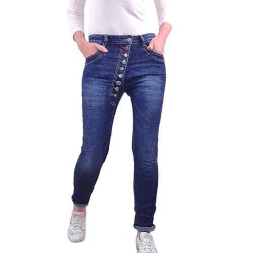 Jewelly Damen Jeans| Boyfriend Jeans mit Langer Knopfleiste und Schmuckknöpfen| Crash Optik (DE/NL/SE/PL, Alphanumerisch, S, Regular, Regular, Dark Denim) von Jewelly