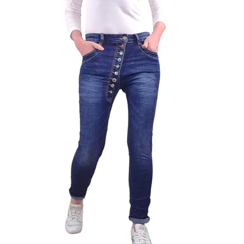 Jewelly Damen Jeans| Boyfriend Jeans mit Langer Knopfleiste und Schmuckknöpfen| Crash Optik (DE/NL/SE/PL, Alphanumerisch, XL, Regular, Regular, Dark Denim) von Jewelly