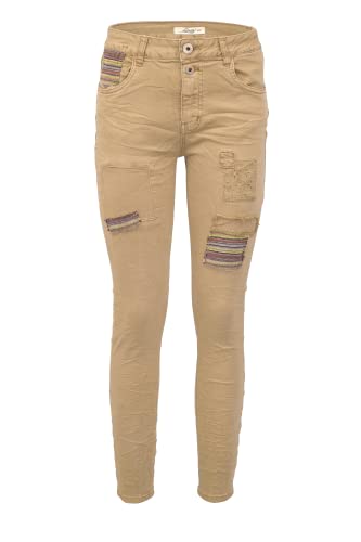 Jewelly Damen Stretch Boyfriend Jeans - Patches Aufnäher - Five-Pocket im Crash-Look (L/40, Camel) von Jewelly