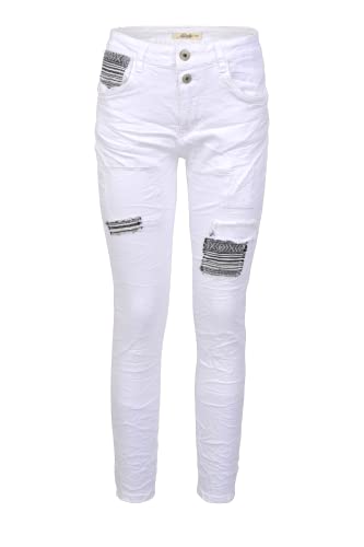 Jewelly Damen Stretch Boyfriend Jeans - Patches Aufnäher - Five-Pocket im Crash-Look (L/40, Weiß) von Jewelly