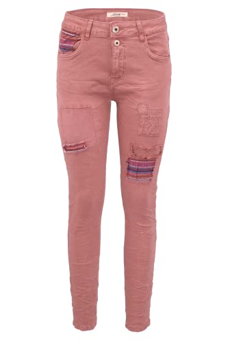 Jewelly Damen Stretch Boyfriend Jeans - Patches Aufnäher - Five-Pocket im Crash-Look (M/38, Beere) von Jewelly