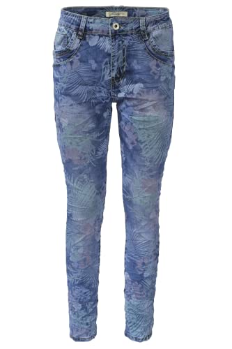 Jewelly Damen Stretch Boyfriend Jeans mit Blumen Print - Five-Pocket im Crash-Look mit Reißverschluss (XS/34, Denim) von Jewelly