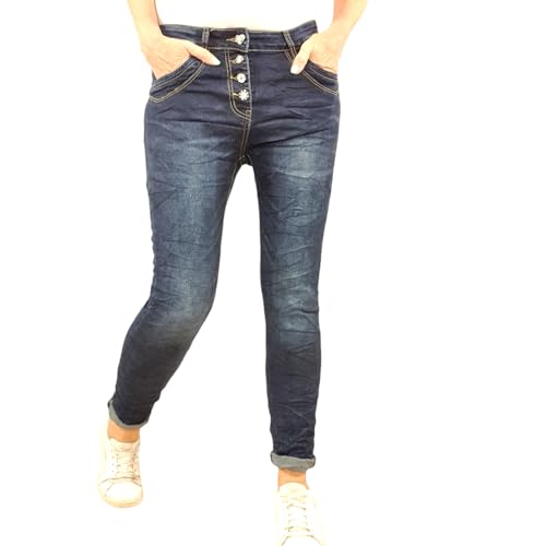 Jewelly Damen Stretch Jeans| Boyfriend Hose mit dekorativem Herzknopf| Mid Rise 5 Pocket Denim Hose| sichtbare Knopfleiste| Dark Denim Blue (S) von Jewelly