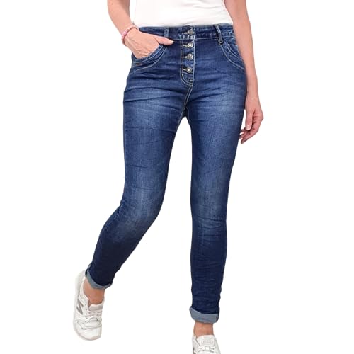 Jewelly Damen Stretch Jeans| Boyfriend Hose mit dekorativen Glitzerknöpfen| Mid Rise 5 Pocket Denim Hose (M, Special Denim) von Jewelly