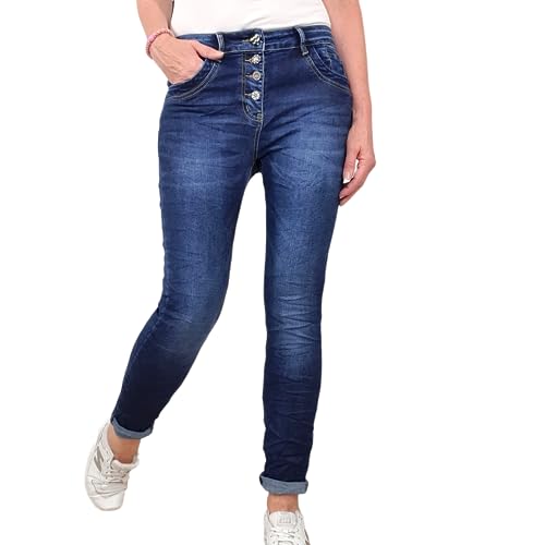 Jewelly Damen Stretch Jeans| Boyfriend Hose mit dekorativen Herzknopf| Mid Rise 5 Pocket Denim Hose| sichtbare Knopfleiste (S, Heart Denim) von Jewelly