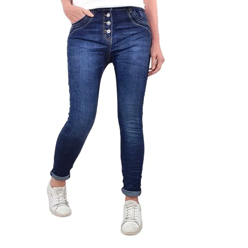 Jewelly Damen Stretch Jeans| Boyfriend Hose mit dekorativen Schmuckknöpfen| Mid Rise 5 Pocket Denim Hose (S, Dark Denim) von Jewelly