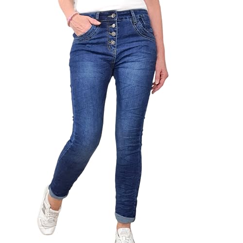 Jewelly Damen Stretch Jeans| Boyfriend Hose mit dekorativen Schmuckknöpfen| Mid Rise 5 Pocket Denim Hose (XS, Dark Denim) von Jewelly