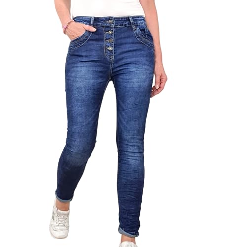 Jewelly Damen Stretch Jeans| Boyfriend Hose mit dekorativen Schmuckknöpfen| Mid Rise 5 Pocket Denim Hose (XS, Denim Dark) von Jewelly