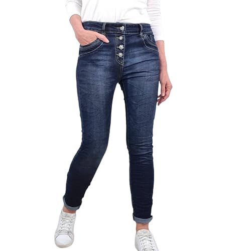 Jewelly Damen Stretch Jeans| Boyfriend Hose mit dekorativen Schmuckknöpfen| Mid Rise 5 Pocket Denim Hose (as3, Alpha, m, Regular, Regular, Dark Blue) von Jewelly