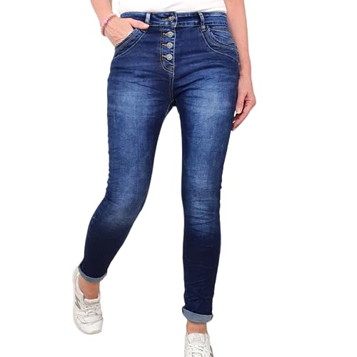 Jewelly Damen Stretch Jeans| Boyfriend Hose mit dekorativen Schmuckknöpfen| Mid Rise 5 Pocket Denim Hose| mit Knopfleiste (S, Dark Denim Washed) von Jewelly