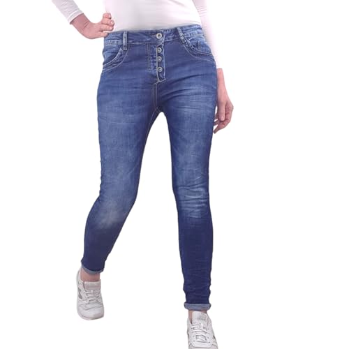 Jewelly Damen Stretch Jeans| Boyfriend Hose mit sichtbarer Knopfleiste| Dunkle Used Denim Waschung (Dark Blue, XS) von Jewelly