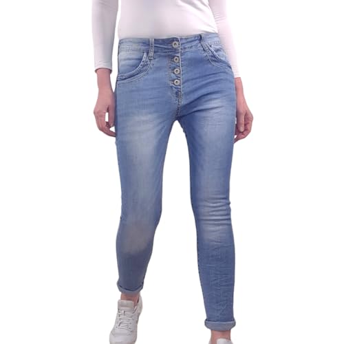 Jewelly Damen Stretch Jeans| Casual Boyfriend Denim Hose| mit sichtbarer Knopfleiste (Classic Denim, XS) von Jewelly