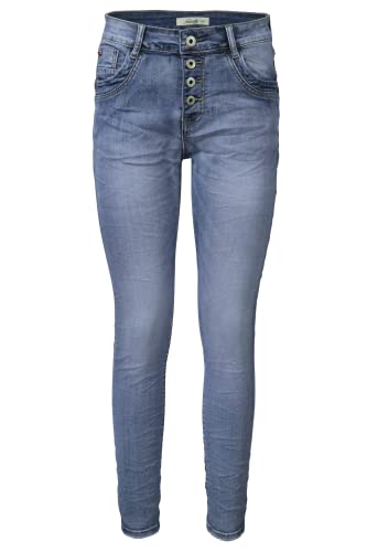 Jewelly Damen Stretch Jeans Five-Pocket im Crash-Look | Boyfriend Hose mit sichtbarer Knopfleiste (M/38, Blau) von Jewelly