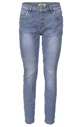 Jewelly Damen Stretch Jeans Five-Pocket im Crash-Look | Boyfriend Hose mit sichtbarer Knopfleiste (XS/34, Demin mit Flicken) von Jewelly