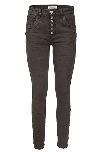 Jewelly Damen Stretch Jeans Five-Pocket im Crash-Look | Boyfriend Hose und sichtbarer Knopfleiste mit Schmuckknöpfen (DE/NL/SE/PL, Numerisch, 34, Regular, Regular, Braun, Regulär) von Jewelly