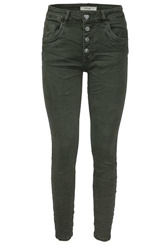 Jewelly Damen Stretch Jeans Five-Pocket im Crash-Look | Boyfriend Hose und sichtbarer Knopfleiste mit Schmuckknöpfen (DE/NL/SE/PL, Numerisch, 34, Regular, Regular, Grün, Regulär) von Jewelly