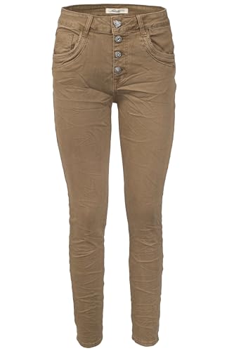 Jewelly Damen Stretch Jeans Five-Pocket im Crash-Look | Boyfriend Hose und sichtbarer Knopfleiste mit Schmuckknöpfen (DE/NL/SE/PL, Numerisch, 36, Regular, Regular, Camel, Regulär) von Jewelly