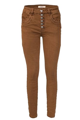 Jewelly Damen Stretch Jeans Five-Pocket im Crash-Look | Boyfriend Hose und sichtbarer Knopfleiste mit Schmuckknöpfen (DE/NL/SE/PL, Numerisch, 38, Regular, Regular, Camel, Regulär) von Jewelly