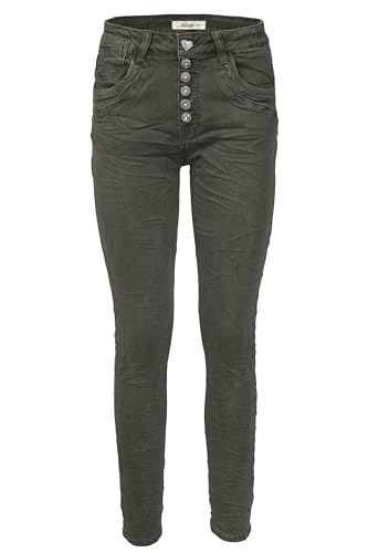 Jewelly Damen Stretch Jeans Five-Pocket im Crash-Look | Boyfriend Hose und sichtbarer Knopfleiste mit Schmuckknöpfen (DE/NL/SE/PL, Numerisch, 38, Regular, Regular, Grün, Regulär) von Jewelly