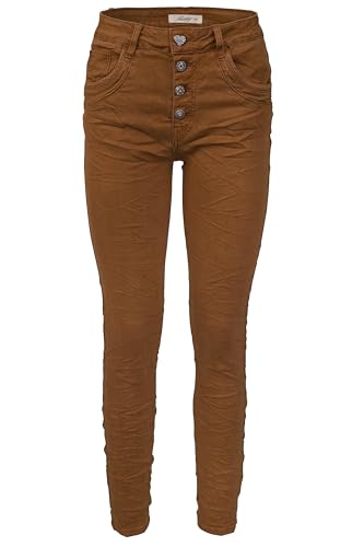 Jewelly Damen Stretch Jeans Five-Pocket im Crash-Look | Boyfriend Hose und sichtbarer Knopfleiste mit Schmuckknöpfen (DE/NL/SE/PL, Numerisch, 40, Regular, Regular, Rost, Regulär) von Jewelly