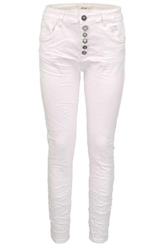 Jewelly Damen Stretch Jeans Five-Pocket im Crash-Look | Boyfriend Hose und sichtbarer Knopfleiste mit Schmuckknöpfen (S/36, Weiß) von Jewelly