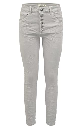 Jewelly Damen Stretch Jeans Five-Pocket im Crash-Look | Boyfriend Hose und sichtbarer Knopfleiste mit Schmuckknöpfen (as3, Numeric, Numeric_34, Regular, Regular, Grau, XS/34, Regular) von Jewelly