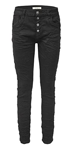 Jewelly Damen Stretch Jeans Five-Pocket im Crash-Look | Boyfriend Hose und sichtbarer Knopfleiste mit Schmuckknöpfen (as3, Numeric, Numeric_34, Regular, Regular, Schwarz, XS, Regulär) von Jewelly