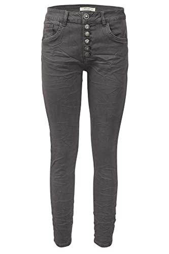 Jewelly Damen Stretch Jeans Five-Pocket im Crash-Look | Boyfriend Hose und sichtbarer Knopfleiste mit Schmuckknöpfen (as3, Numeric, Numeric_38, Regular, Regular, Grau, M/38, Regular) von Jewelly