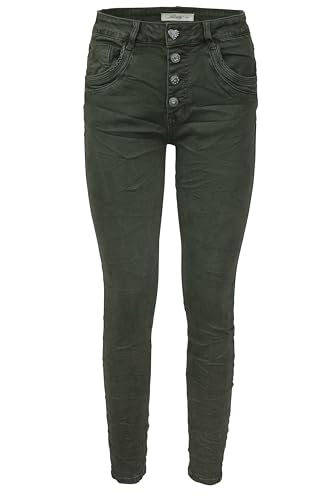 Jewelly Damen Stretch Jeans Five-Pocket im Crash-Look | Boyfriend Hose und sichtbarer Knopfleiste mit Schmuckknöpfen L/40 Grün von Jewelly