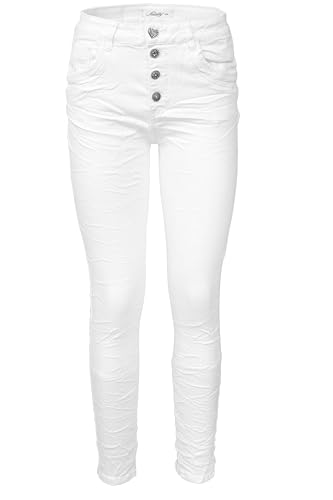 Jewelly Damen Stretch Jeans Five-Pocket im Crash-Look | Boyfriend Hose und sichtbarer Knopfleiste mit Schmuckknöpfen L/40 Weiß von Jewelly