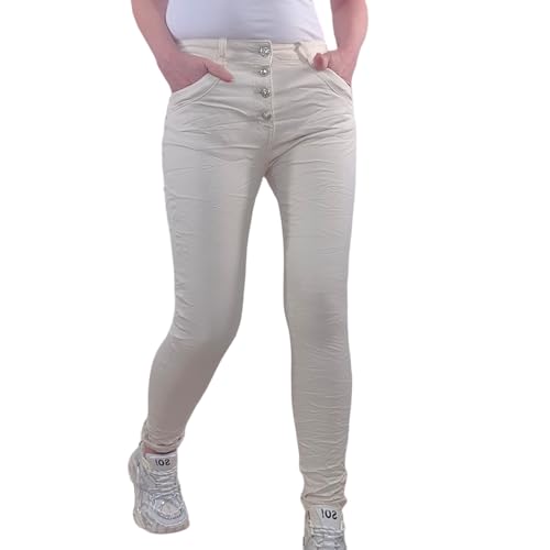 Jewelly Damen Stretch Twill Jeans| Boyfriend Hose mit dekorativen Schmuckknöpfen| Mid Rise 5 Pocket Hose (DE/NL/SE/PL, Alphanumerisch, L, Regular, Regular, Hellbeige) von Jewelly