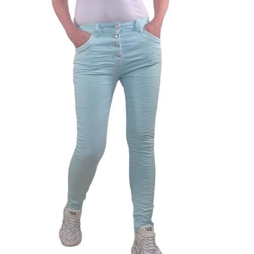 Jewelly Damen Stretch Twill Jeans| Boyfriend Hose mit dekorativen Schmuckknöpfen| Mid Rise 5 Pocket Hose (DE/NL/SE/PL, Alphanumerisch, S, Regular, Regular, Mint) von Jewelly